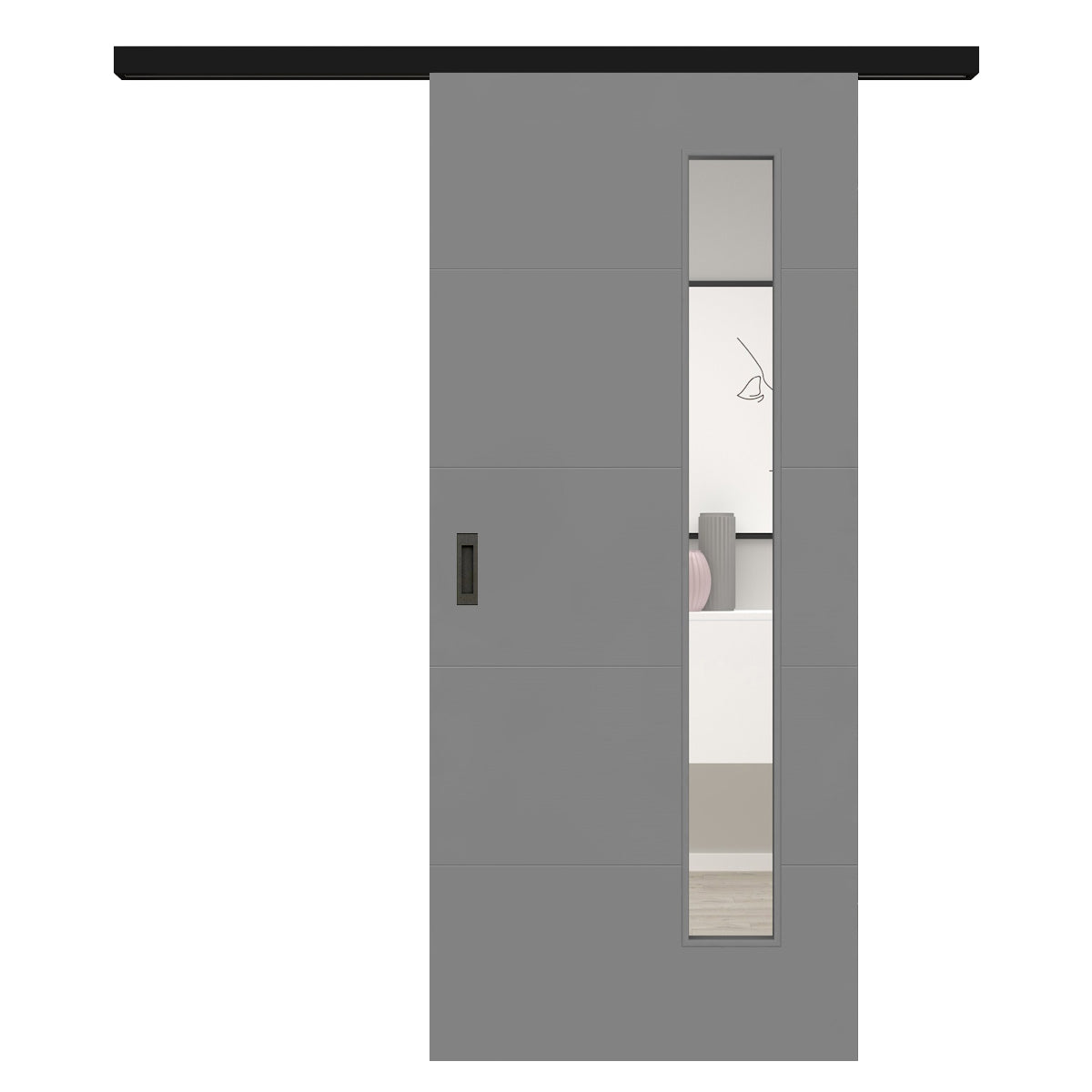 Schiebetür für Set mit schwarzem Laufkasten mit Lichtausschnitt grau 4 Rillen quer - Modell Designtür Q47LAB