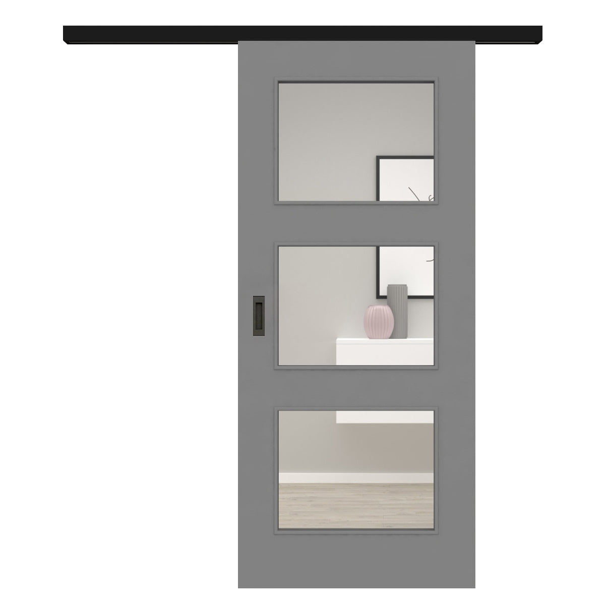 Schiebetür für Set mit schwarzem Laufkasten mit Lichtausschnitt grau glatt - Modell LA3