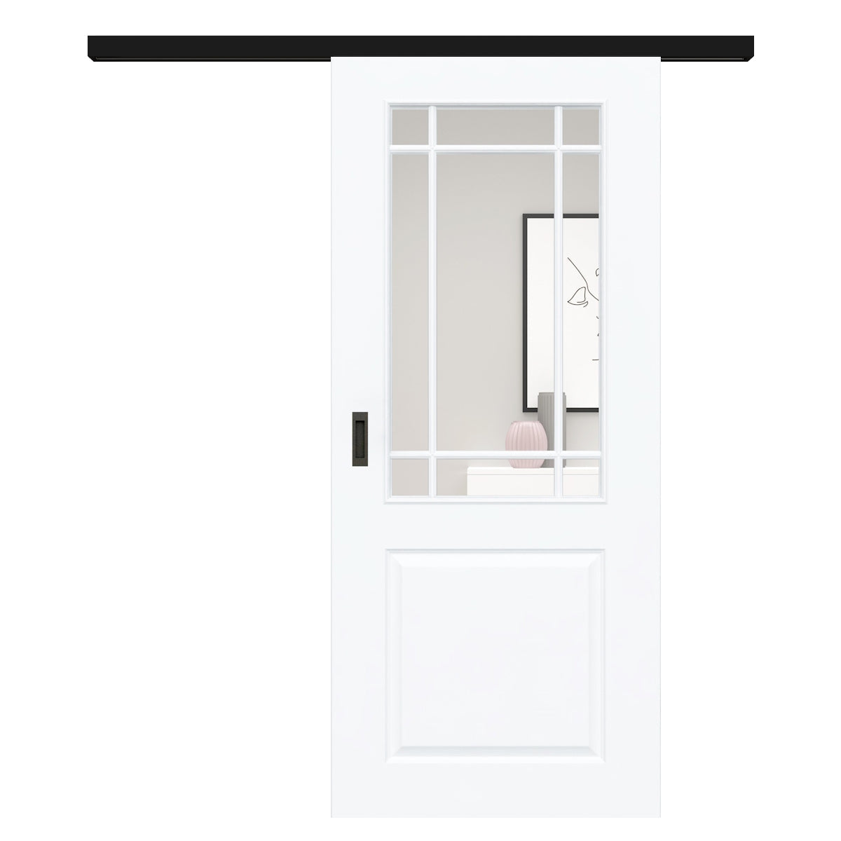 Schiebetür für Set mit schwarzem Laufkasten mit Lichtausschnitt mit Sprossenrahmen klassisch brillant-weiß 2 Kassetten - Modell Stiltür K23LASPK