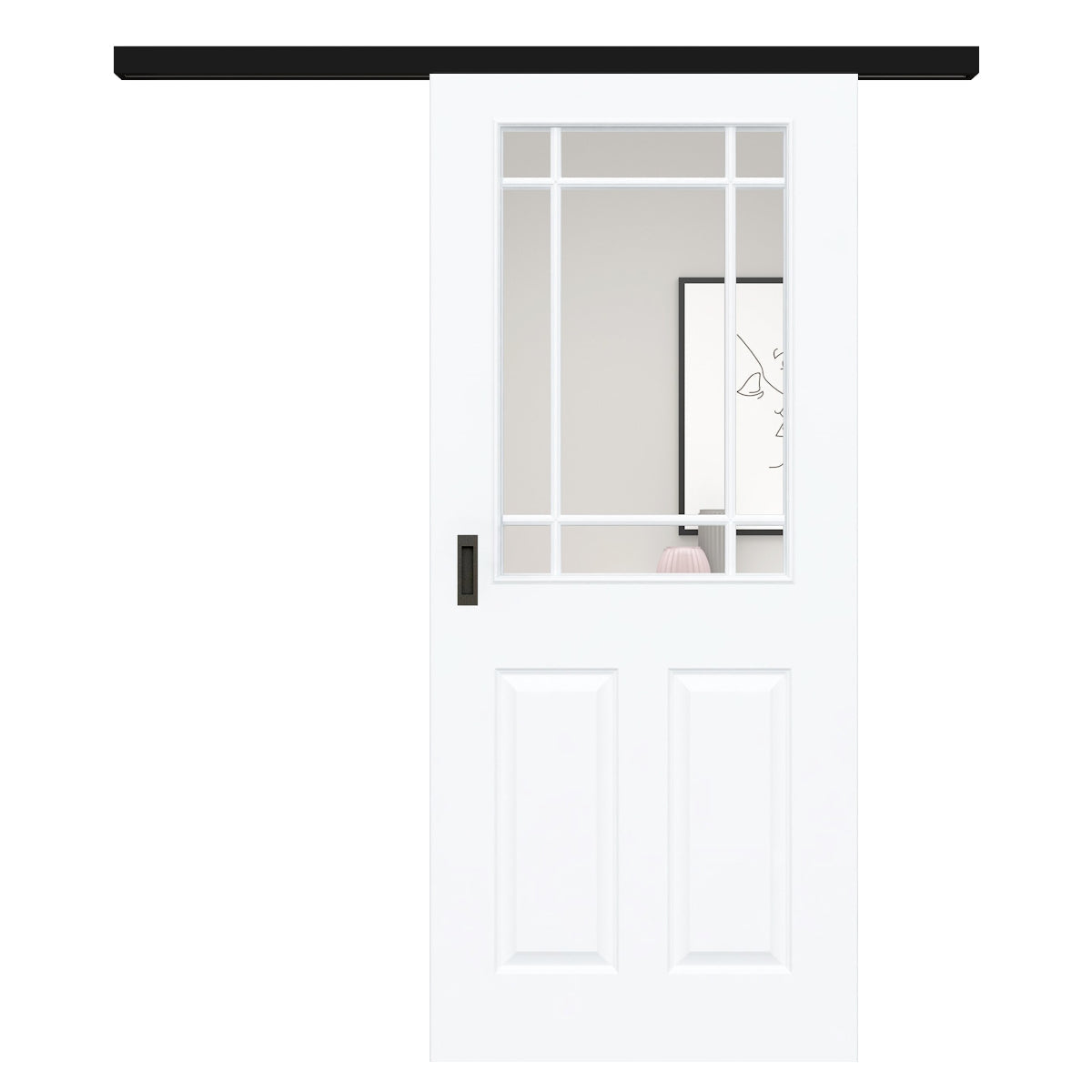 Schiebetür für Set mit schwarzem Laufkasten mit Lichtausschnitt mit Sprossenrahmen klassisch brillant-weiß 4 Kassetten - Modell Stiltür K43LASPK