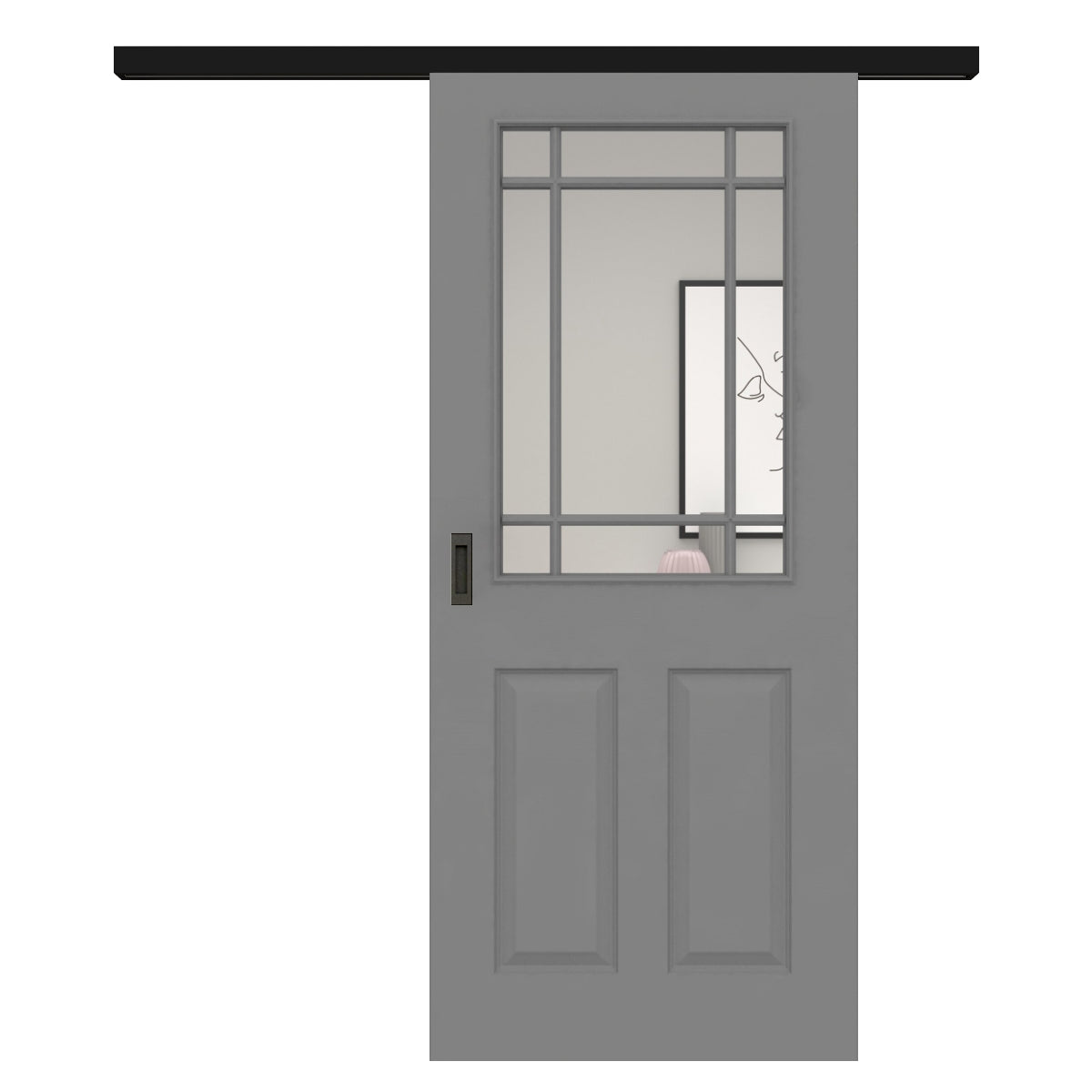 Schiebetür für Set mit schwarzem Laufkasten mit Lichtausschnitt mit Sprossenrahmen klassisch grau 4 Kassetten - Modell Stiltür K47LASPK