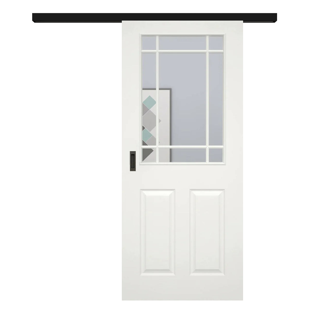 Schiebetür für Set mit schwarzem Laufkasten mit Lichtausschnitt mit Sprossenrahmen klassisch soft-weiß 4 Kassetten - Modell Stiltür K41LASPK