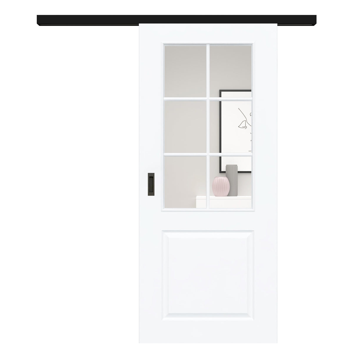 Schiebetür für Set mit schwarzem Laufkasten mit Lichtausschnitt mit Sprossenrahmen standard brillant-weiß 2 Kassetten - Modell Stiltür K23LASPS