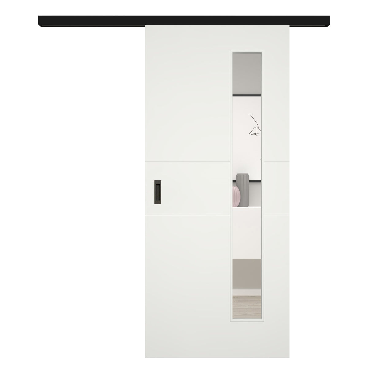 Schiebetür für Set mit schwarzem Laufkasten mit Lichtausschnitt soft-weiß 2 Rillen - Modell Designtür Q21LAB