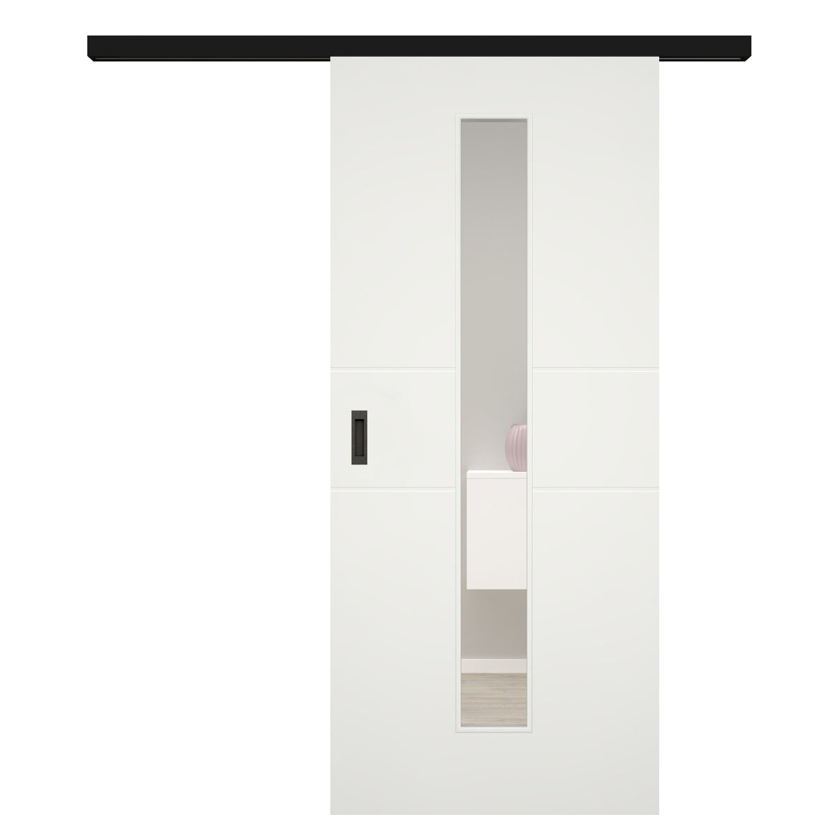 Schiebetür für Set mit schwarzem Laufkasten mit Lichtausschnitt soft-weiß 2 Rillen - Modell Designtür Q21LAM