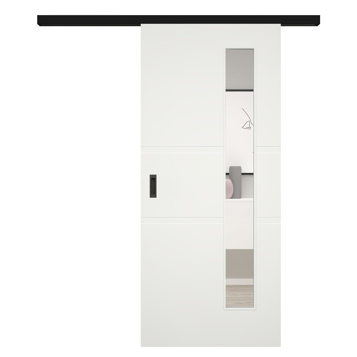 Schiebetür für Set mit schwarzem Laufkasten mit Lichtausschnitt soft-weiß 2 breite Rillen - Modell Designtür QB21LAB