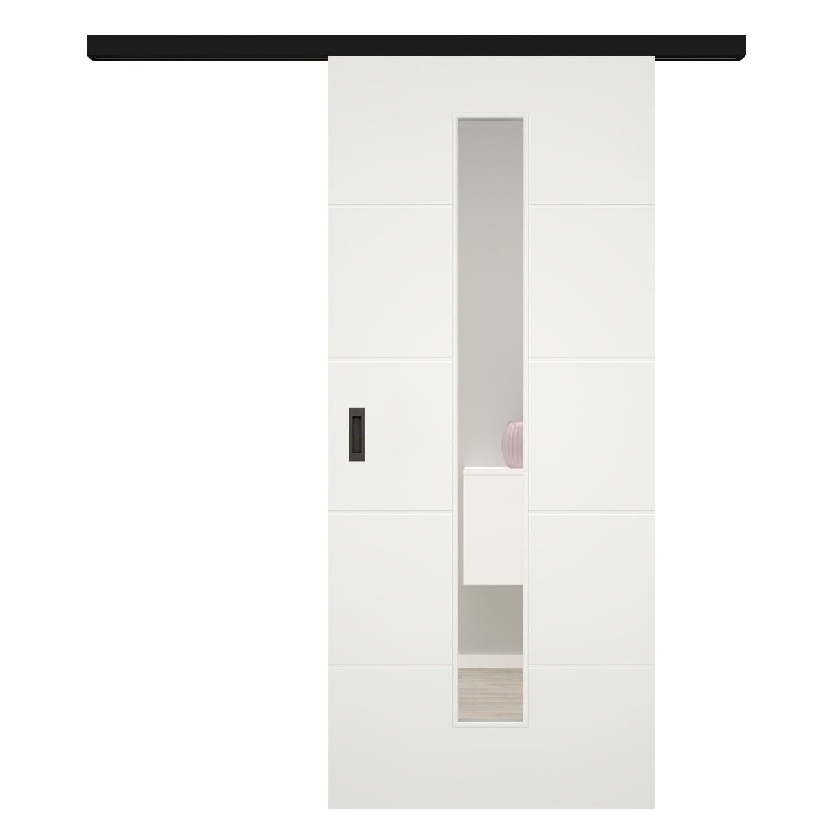 Schiebetür für Set mit schwarzem Laufkasten mit Lichtausschnitt soft-weiß 4 Rillen - Modell Designtür Q41LAM