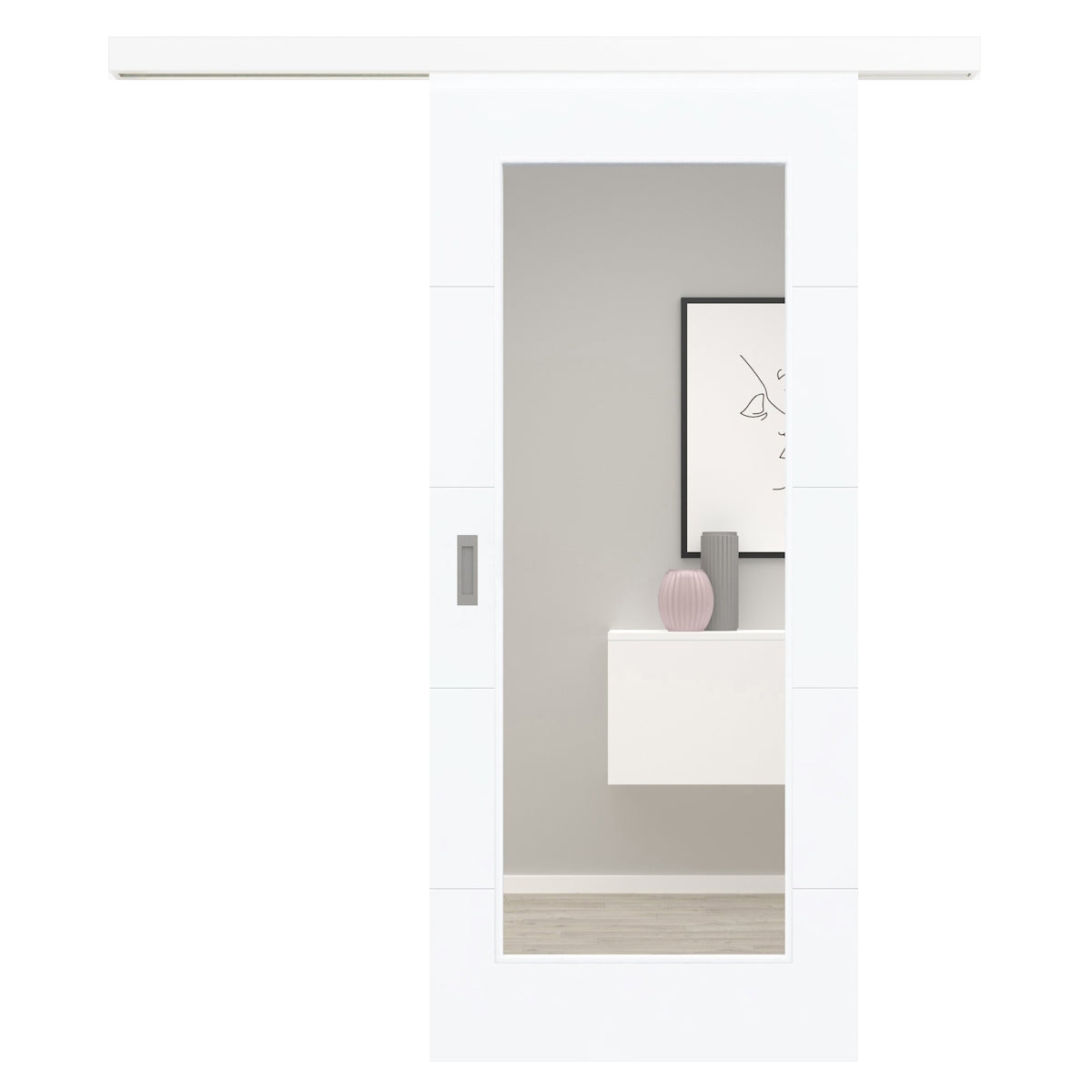 Schiebetür für Set mit weißem Laufkasten brillant-weiß modern mit 4 Rillen und Lichtausschnitt - Modell Designtür Q43LA