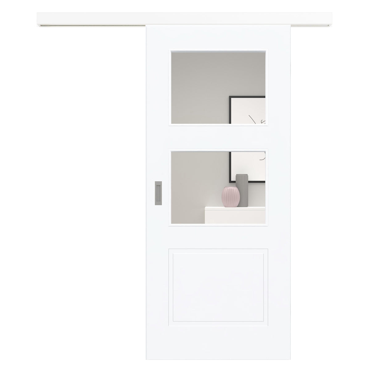 Schiebetür für Set mit weißem Laufkasten mit Lichtausschnitt brillant-weiß 3 Kassetten - Modell Stiltür M33LA2
