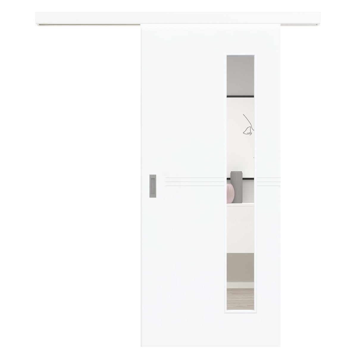 Schiebetür für Set mit weißem Laufkasten mit Lichtausschnitt brillant-weiß 3 Rillen - Modell Designtür Q33LAB