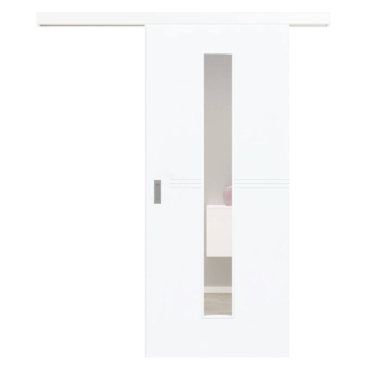 Schiebetür für Set mit weißem Laufkasten mit Lichtausschnitt brillant-weiß 3 Rillen - Modell Designtür Q33LAM