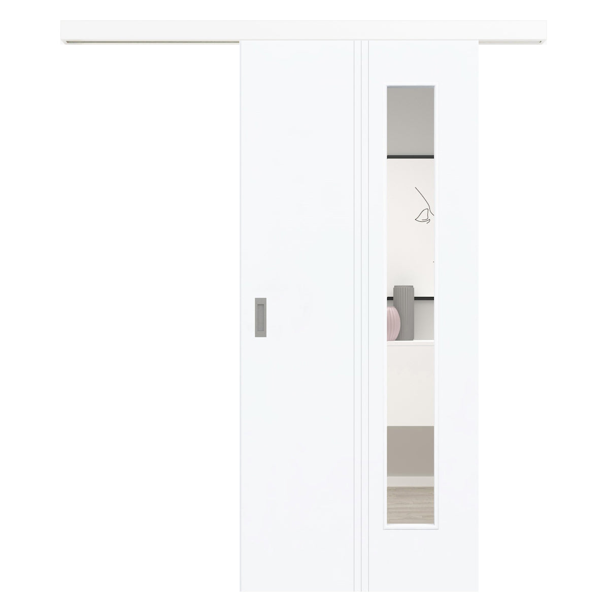 Schiebetür für Set mit weißem Laufkasten mit Lichtausschnitt brillant-weiß 3 Rillen aufrecht - Modell Designtür VM33LAB