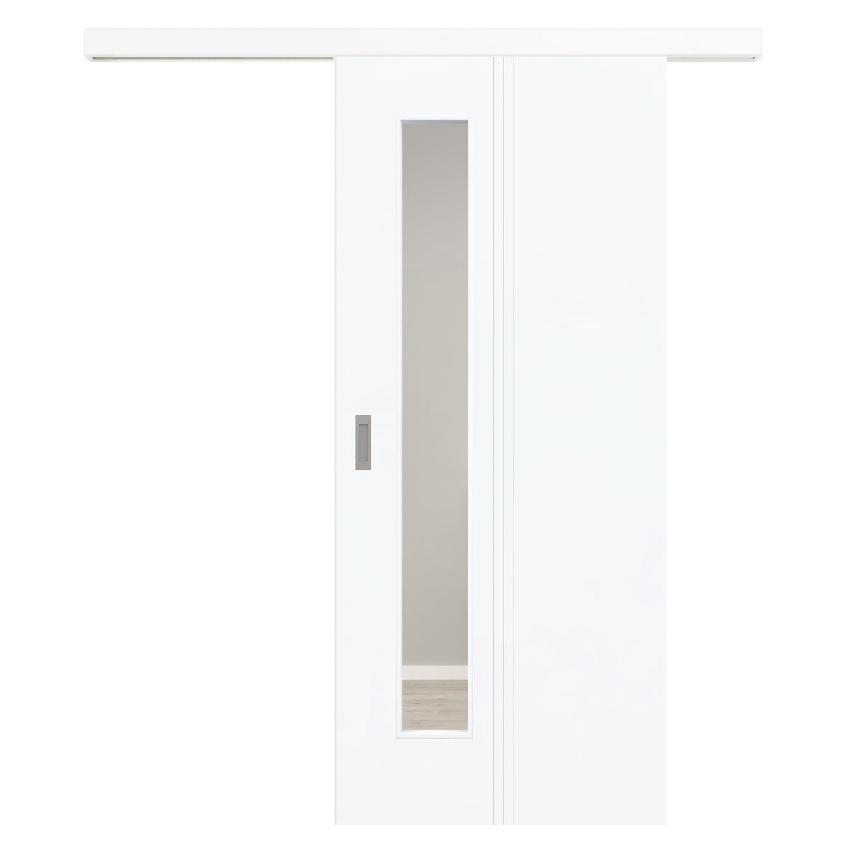 Schiebetür für Set mit weißem Laufkasten mit Lichtausschnitt brillant-weiß 3 Rillen aufrecht - Modell Designtür VM33LAS