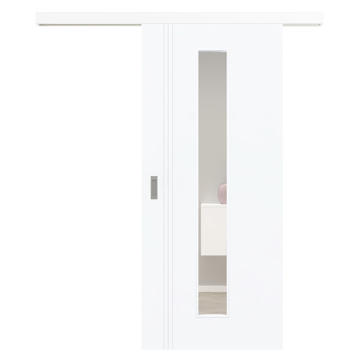 Schiebetür für Set mit weißem Laufkasten mit Lichtausschnitt brillant-weiß 3 Rillen aufrecht Schlossseite - Modell Designtür VS33LAM