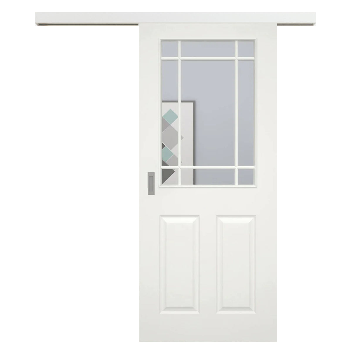 Schiebetür für Set mit weißem Laufkasten mit Lichtausschnitt mit Sprossenrahmen klassisch soft-weiß 4 Kassetten - Modell Stiltür K41LASPK