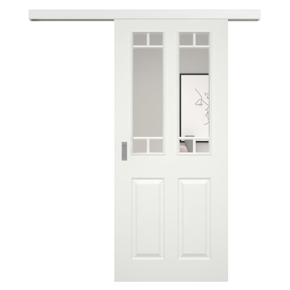 Schiebetür für Set mit weißem Laufkasten mit Lichtausschnitt mit Sprossenrahmen soft-weiß 4 Kassetten - Modell Stiltür K41LA2SP