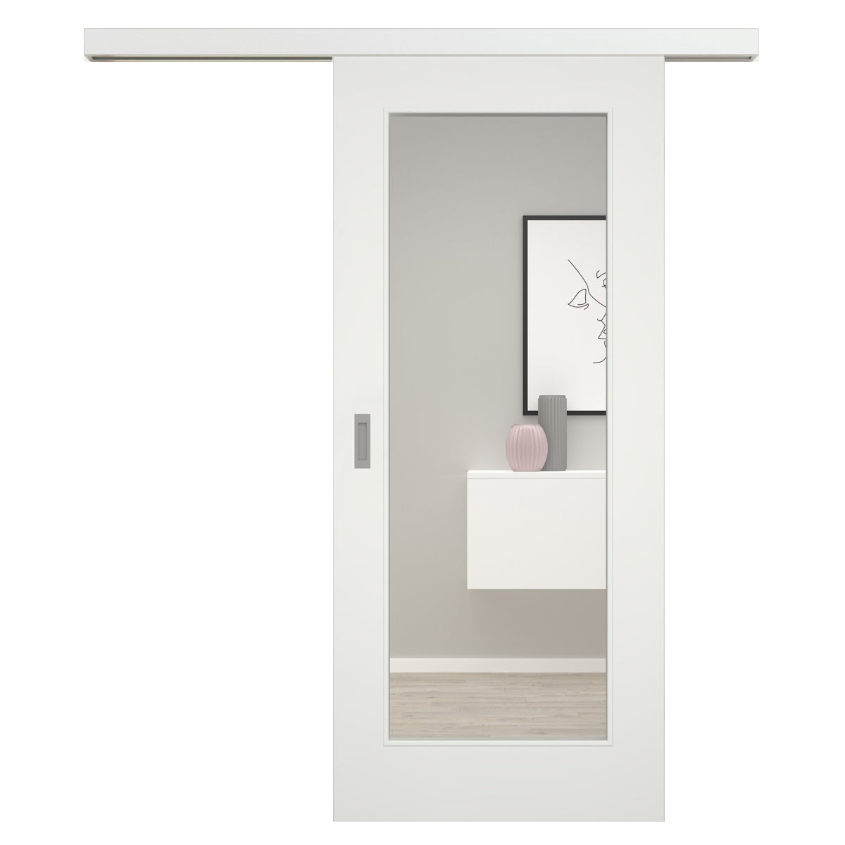 Schiebetür für Set mit weißem Laufkasten mit Lichtausschnitt soft-weiß 1 Kassette - Modell Stiltür M11LA