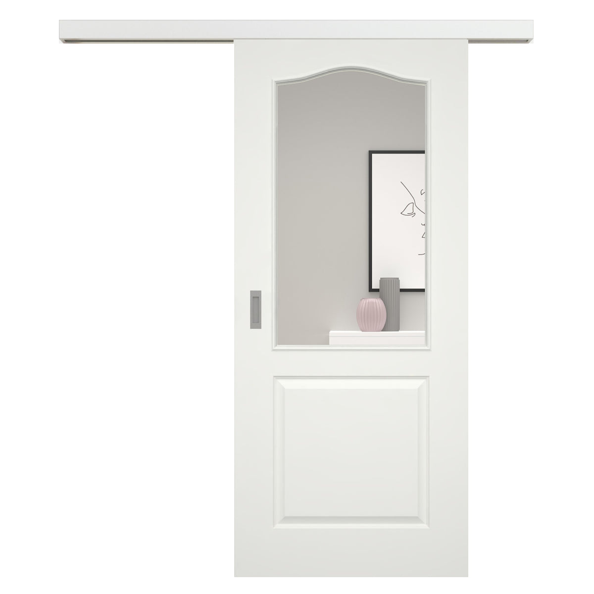 Schiebetür für Set mit weißem Laufkasten mit Lichtausschnitt soft-weiß 2 Kassetten Schweifbogen - Modell Stiltür KS21LA