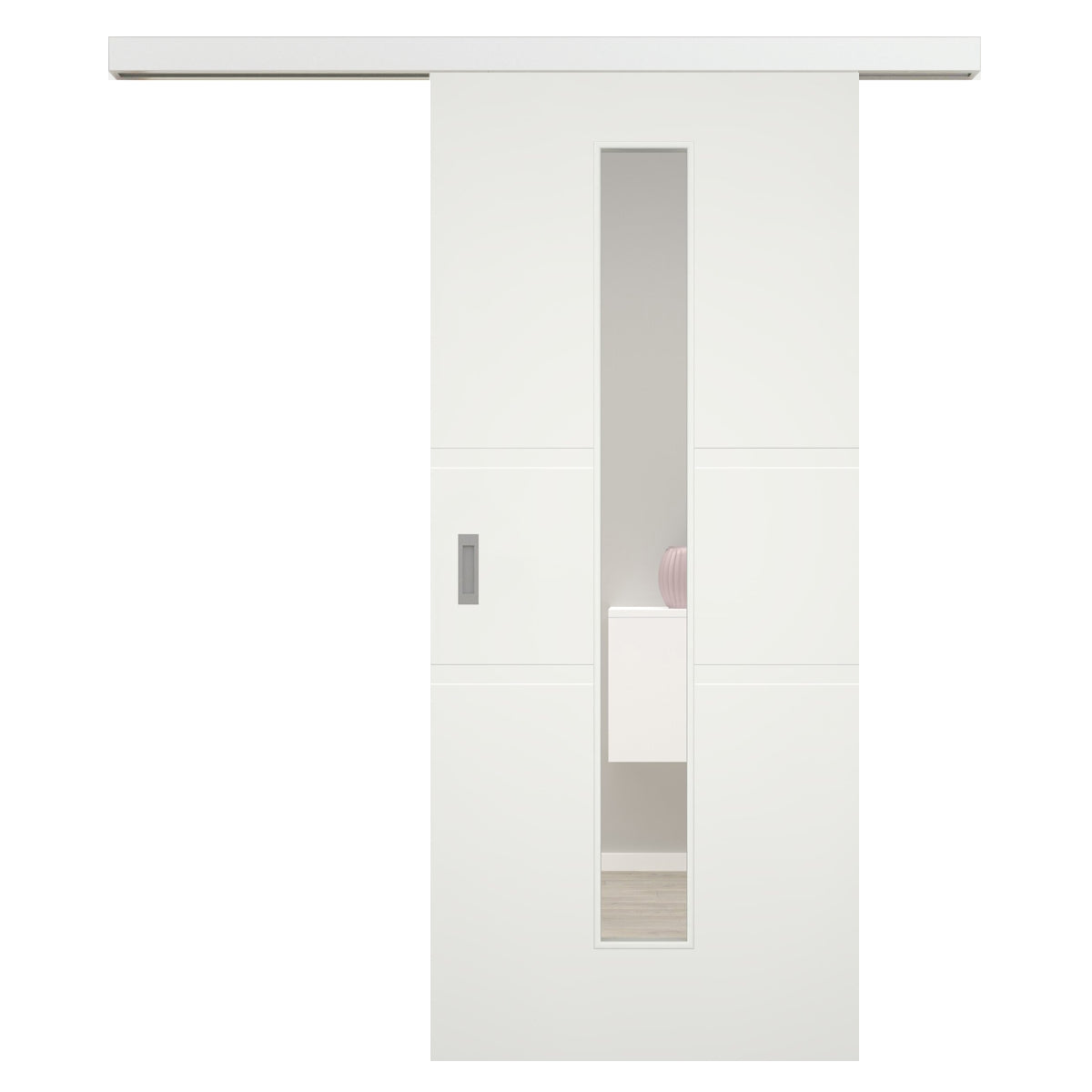 Schiebetür für Set mit weißem Laufkasten mit Lichtausschnitt soft-weiß 2 breite Rillen - Modell Designtür QB21LAM