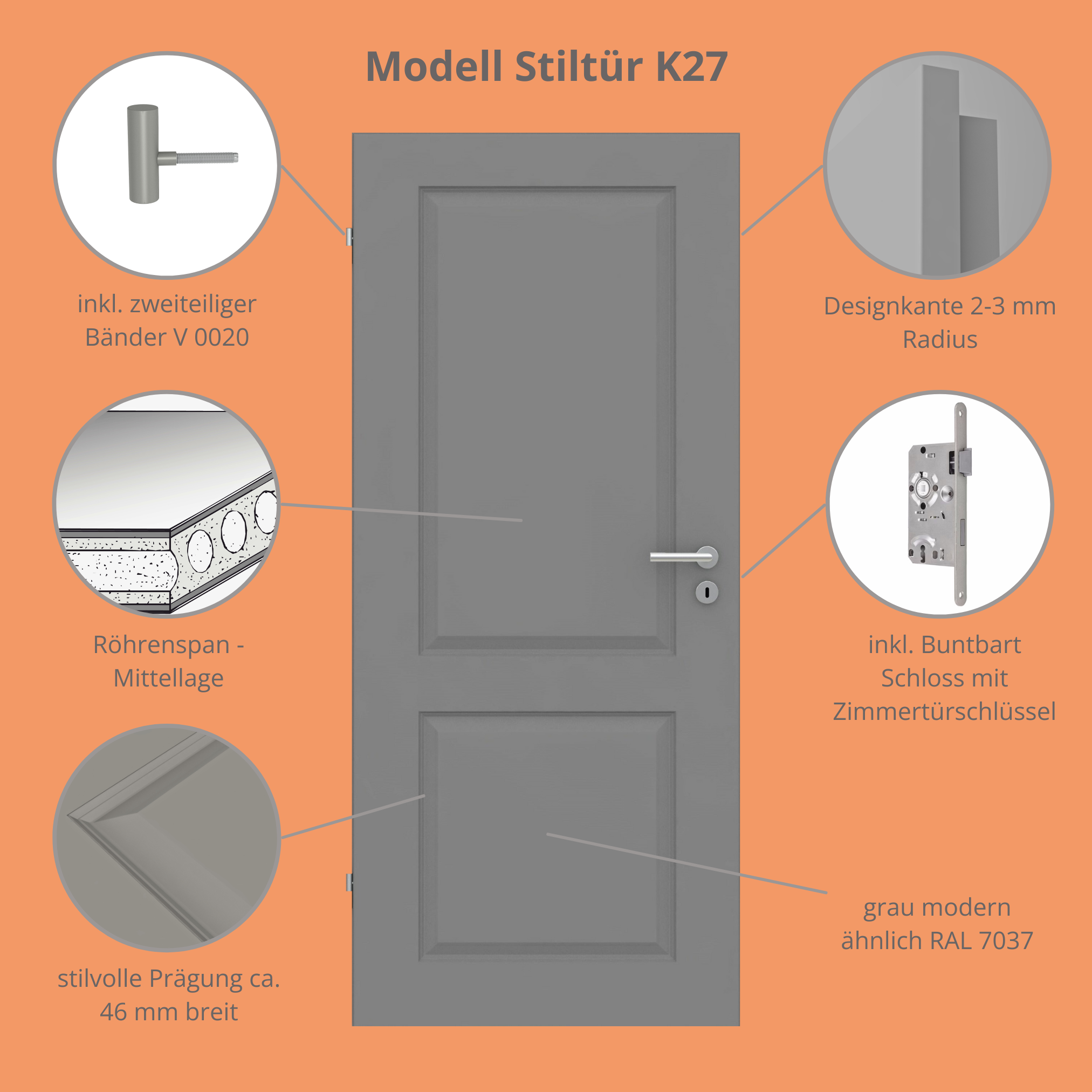 Zimmertür grau 2 Kassetten Designkante - Modell Stiltür K27