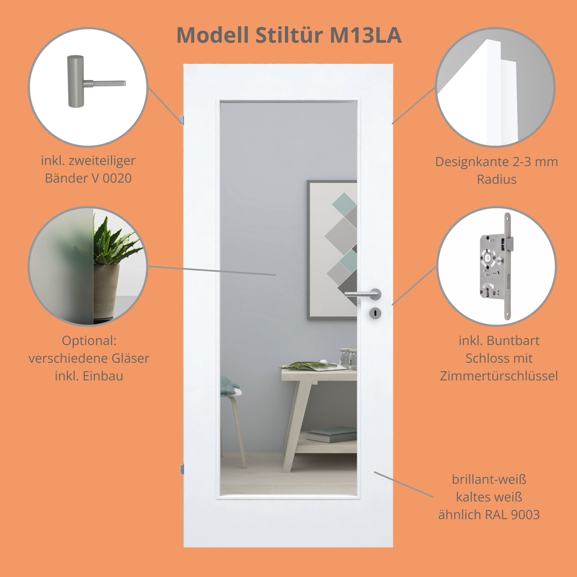 Zimmertür im Sondermaß brillant-weiß Stiltür mit 1 Kassette und Lichtausschnitt Designkante - Modell Stiltür M13LA