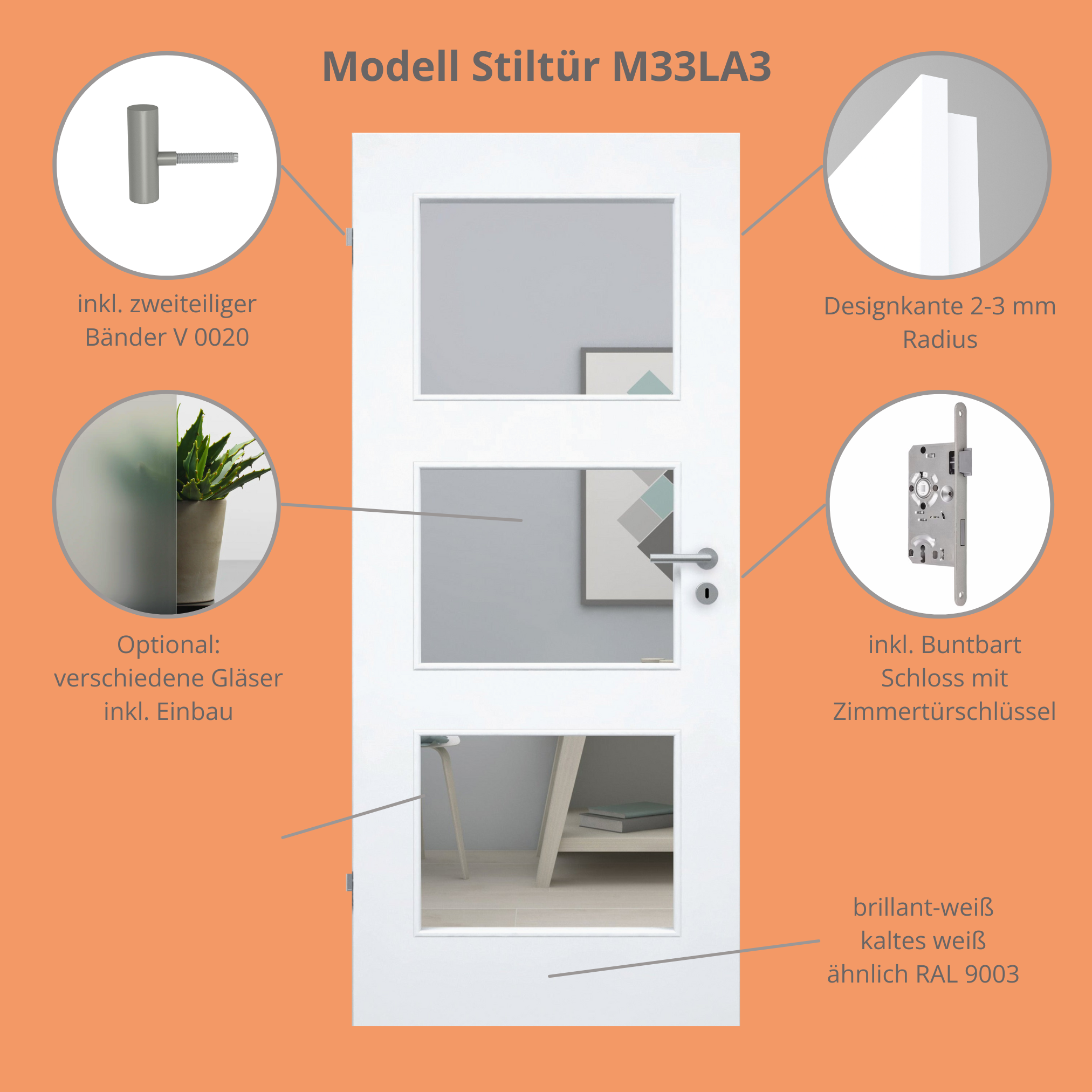 Zimmertür im Sondermaß brillant-weiß Stiltür mit 3 Kassetten und Lichtausschnitt Designkante - Modell Stiltür M33LA3
