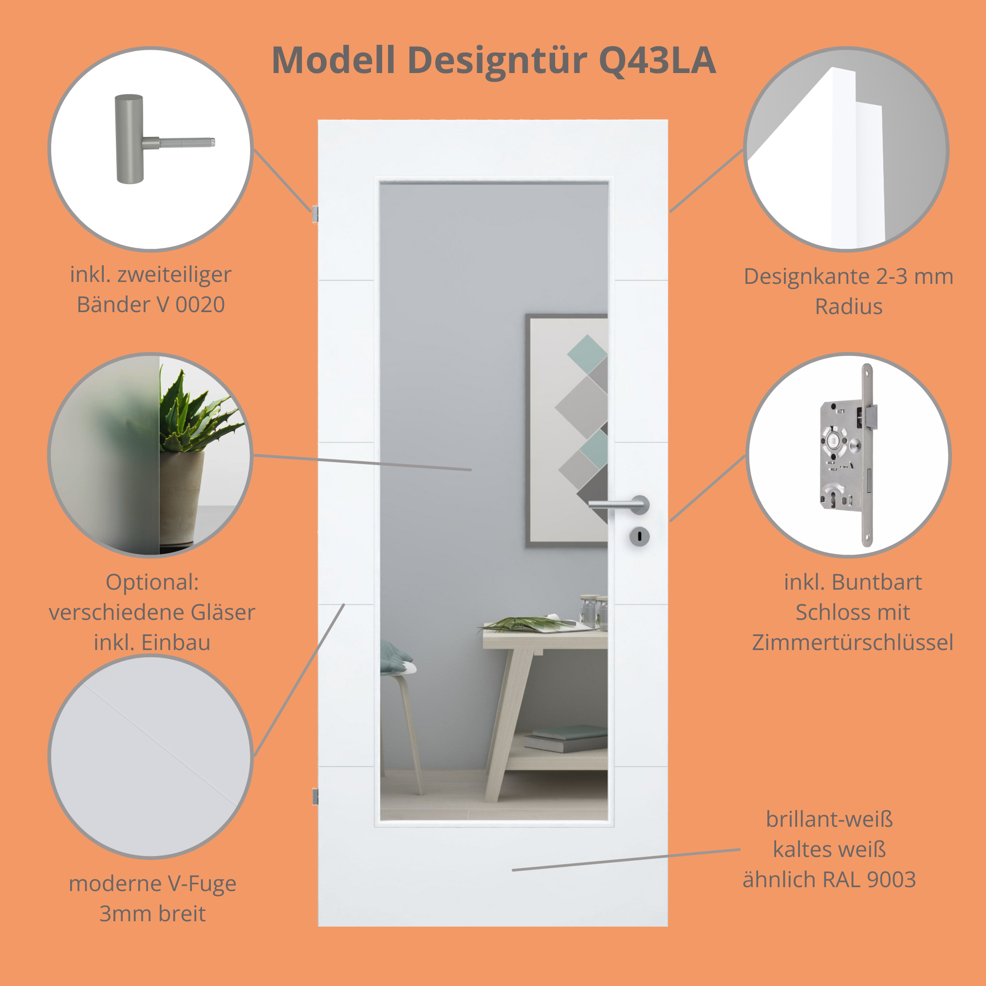 Zimmertür im Sondermaß brillant-weiß modern mit 4 Rillen und Lichtausschnitt Designkante - Modell Designtür Q43LA