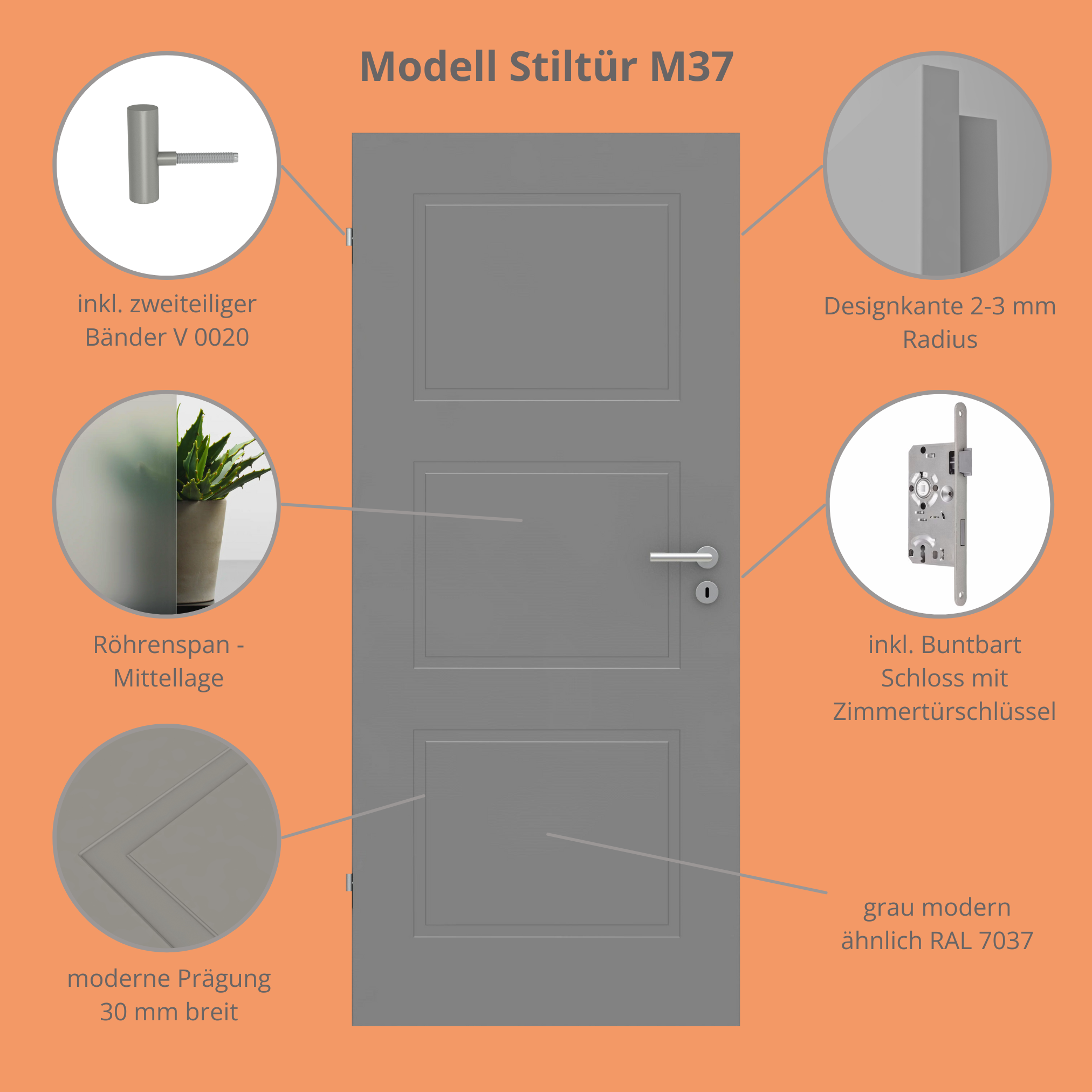 Zimmertür im Sondermaß grau 3 Kassetten Designkante - Modell Stiltür M37