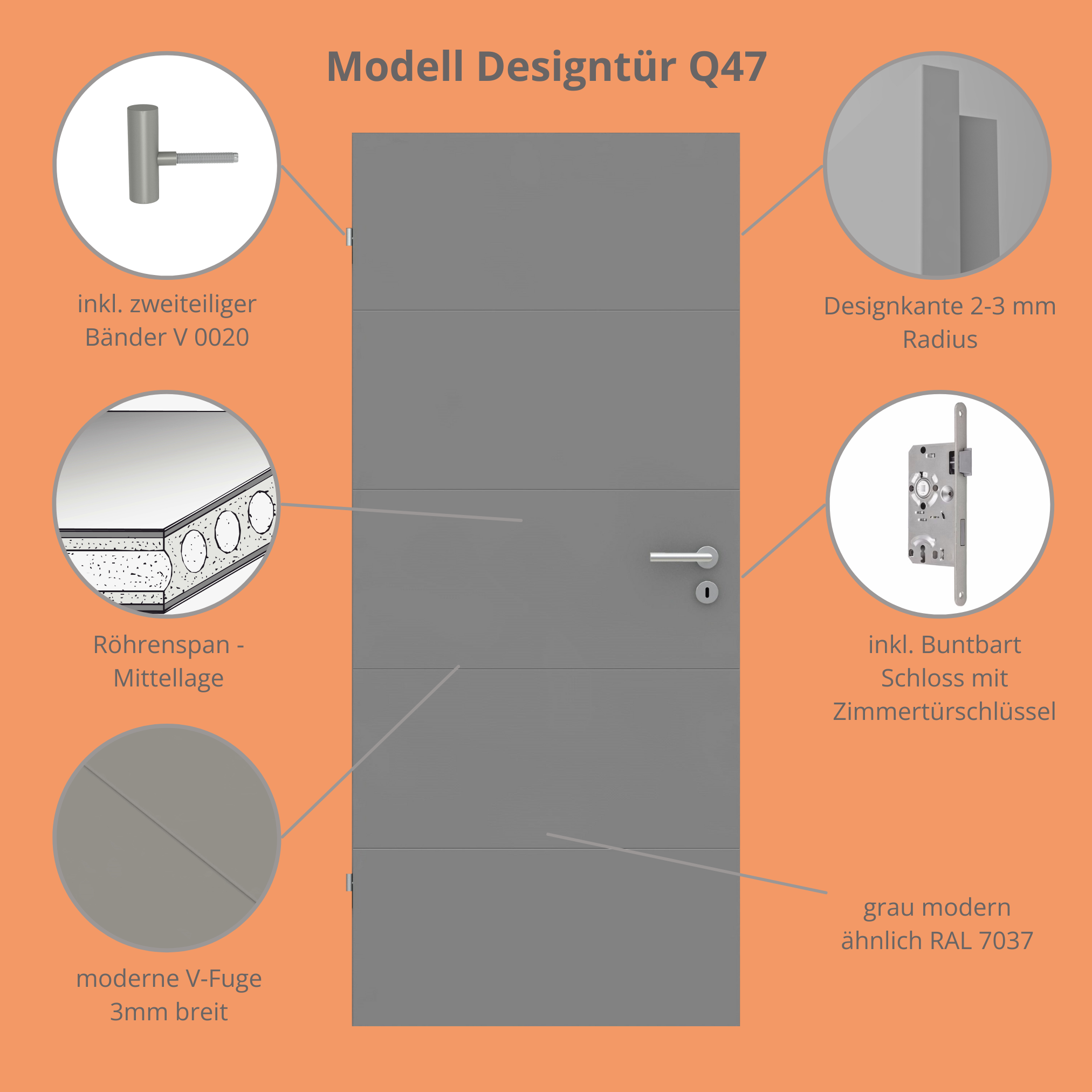 Zimmertür im Sondermaß grau 4 Rillen quer Designkante - Modell Designtür Q47