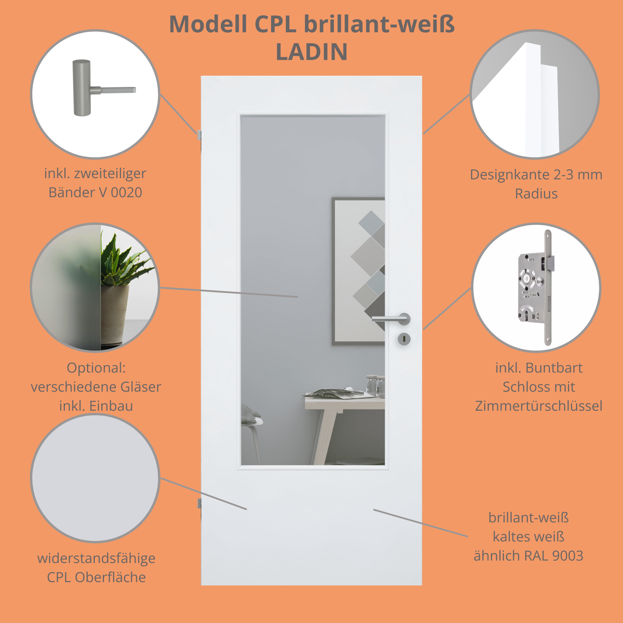 Zimmertür im Sondermaß mit Lichtausschnitt CPL brillant-weiß Designkante