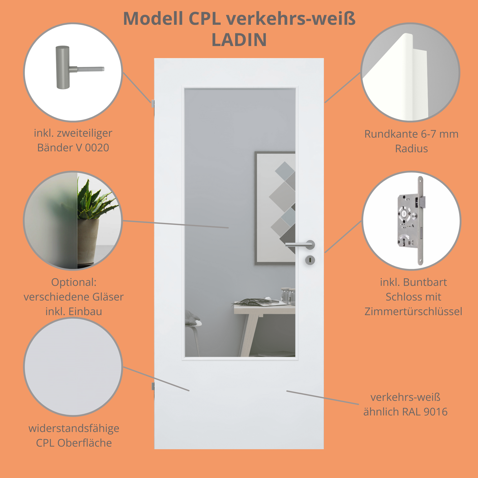 Zimmertür im Sondermaß mit Lichtausschnitt CPL glatt verkehrsweiß Rundkante