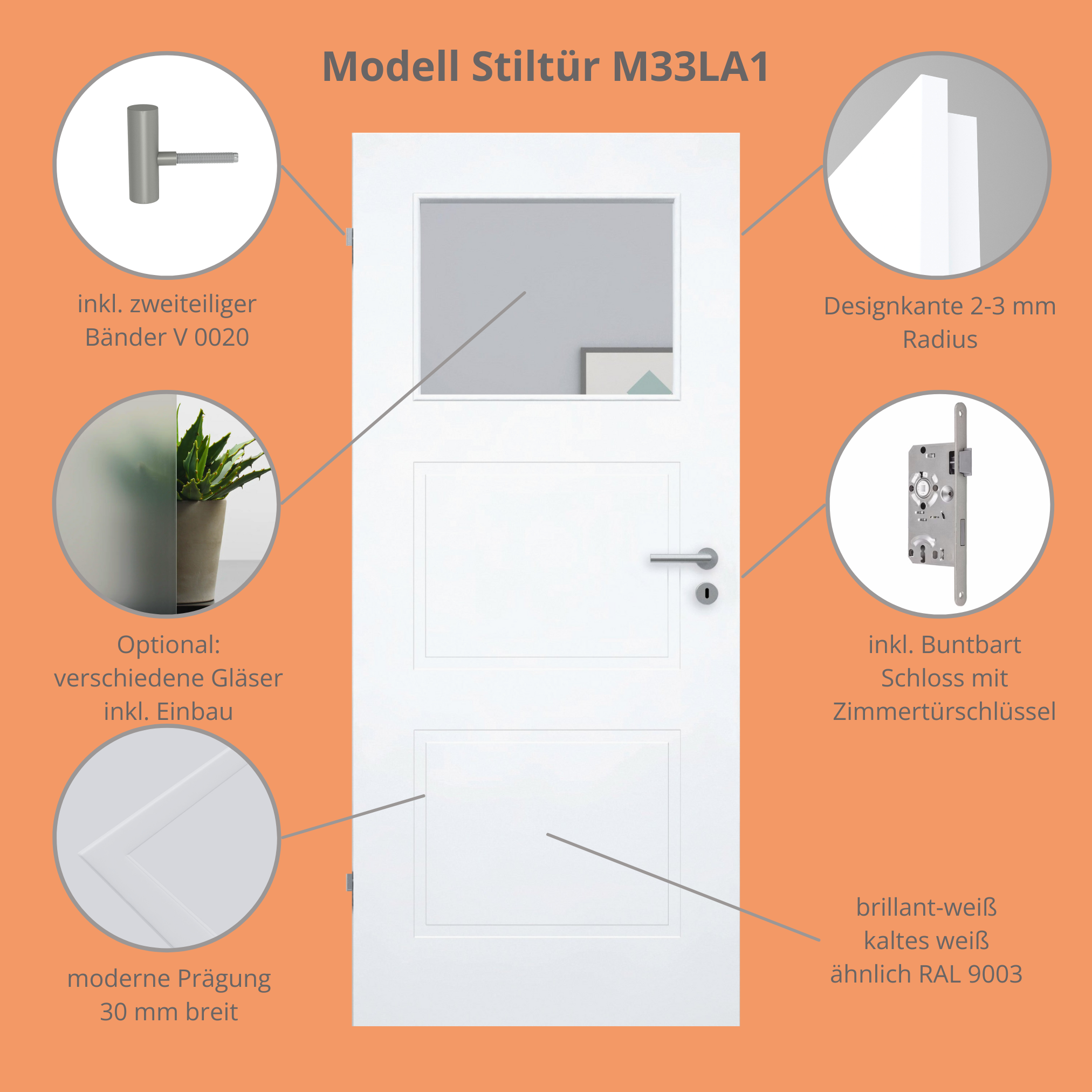 Zimmertür im Sondermaß mit Lichtausschnitt brillant-weiß 3 Kassetten Designkante - Modell Stiltür M33LA1