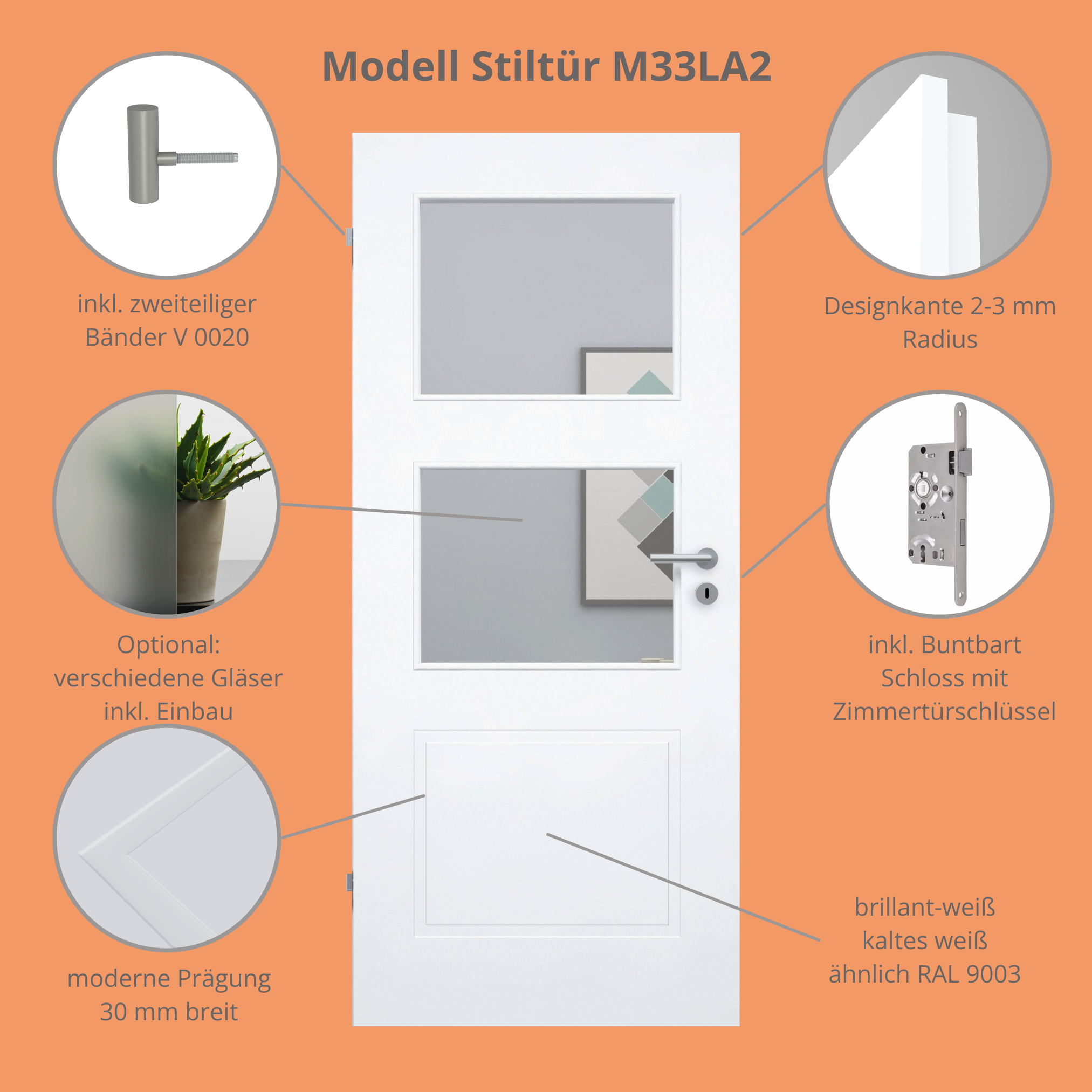 Zimmertür im Sondermaß mit Lichtausschnitt brillant-weiß 3 Kassetten Designkante - Modell Stiltür M33LA2