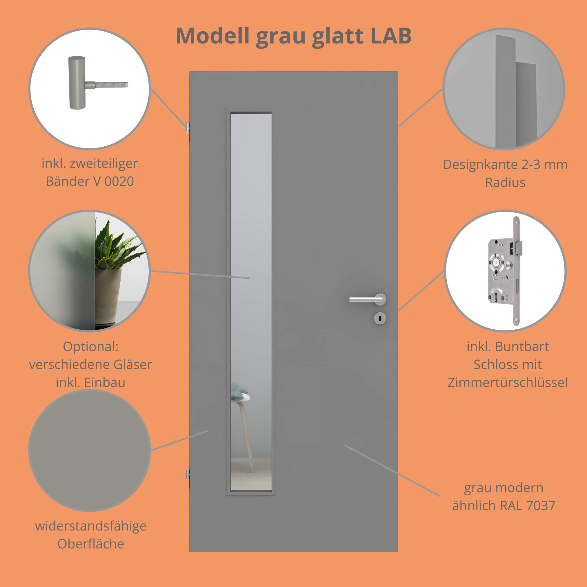 Zimmertür im Sondermaß mit Lichtausschnitt grau glatt Designkante - Modell LAB