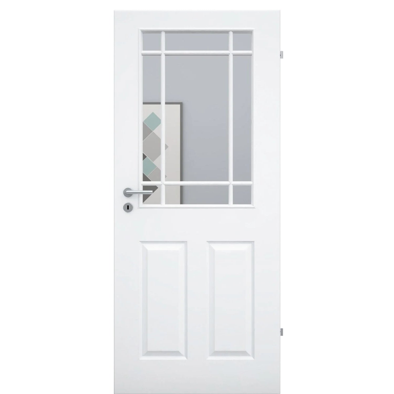 Zimmertür im Sondermaß mit Lichtausschnitt mit Sprossenrahmen klassisch brillant-weiß 4 Kassetten Designkante - Modell Stiltür K43LASPK
