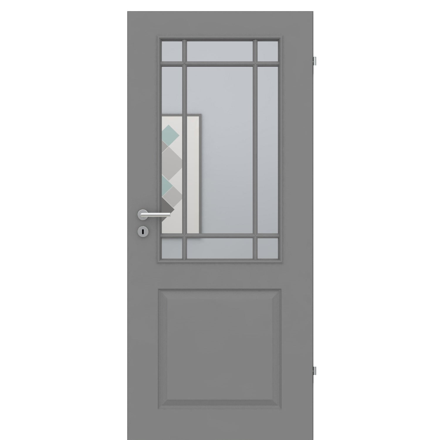 Zimmertür im Sondermaß mit Lichtausschnitt mit Sprossenrahmen klassisch grau 2 Kassetten Designkante - Modell Stiltür K27LASPK
