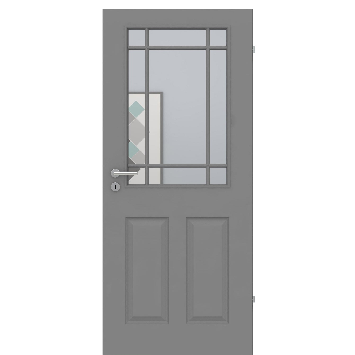 Zimmertür im Sondermaß mit Lichtausschnitt mit Sprossenrahmen klassisch grau 4 Kassetten Designkante - Modell Stiltür K47LASPK