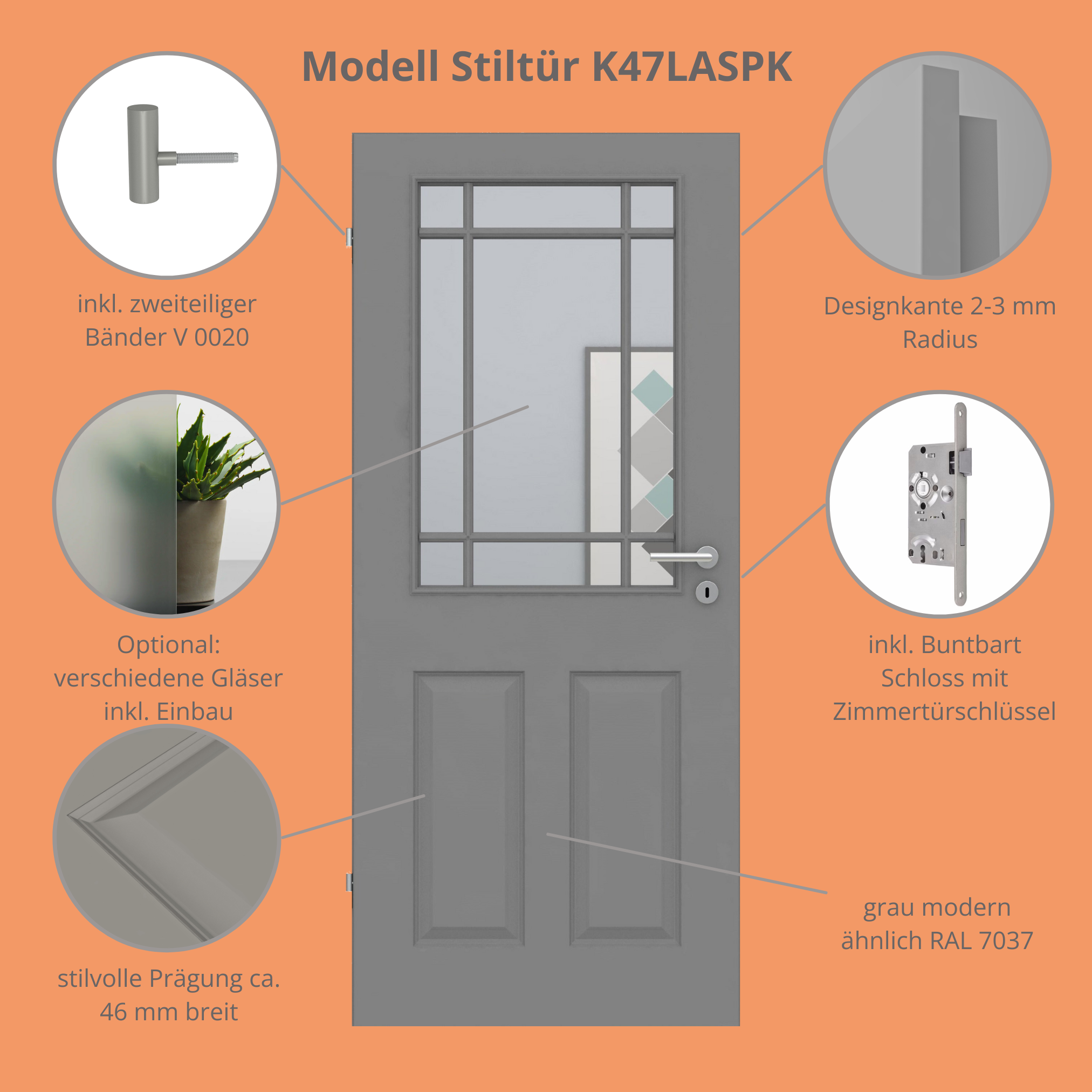 Zimmertür im Sondermaß mit Lichtausschnitt mit Sprossenrahmen klassisch grau 4 Kassetten Designkante - Modell Stiltür K47LASPK