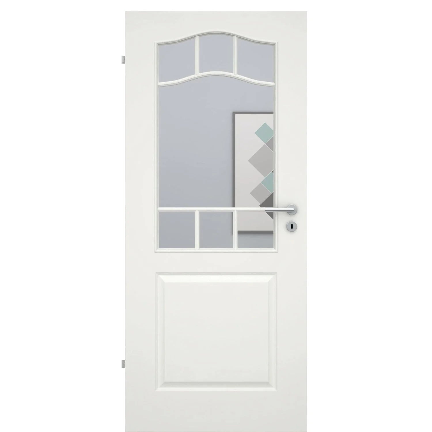 Zimmertür im Sondermaß mit Lichtausschnitt mit Sprossenrahmen soft-weiß 2 Kassetten Schweifbogen Eckkante - Modell Stiltür KS21LASPOU
