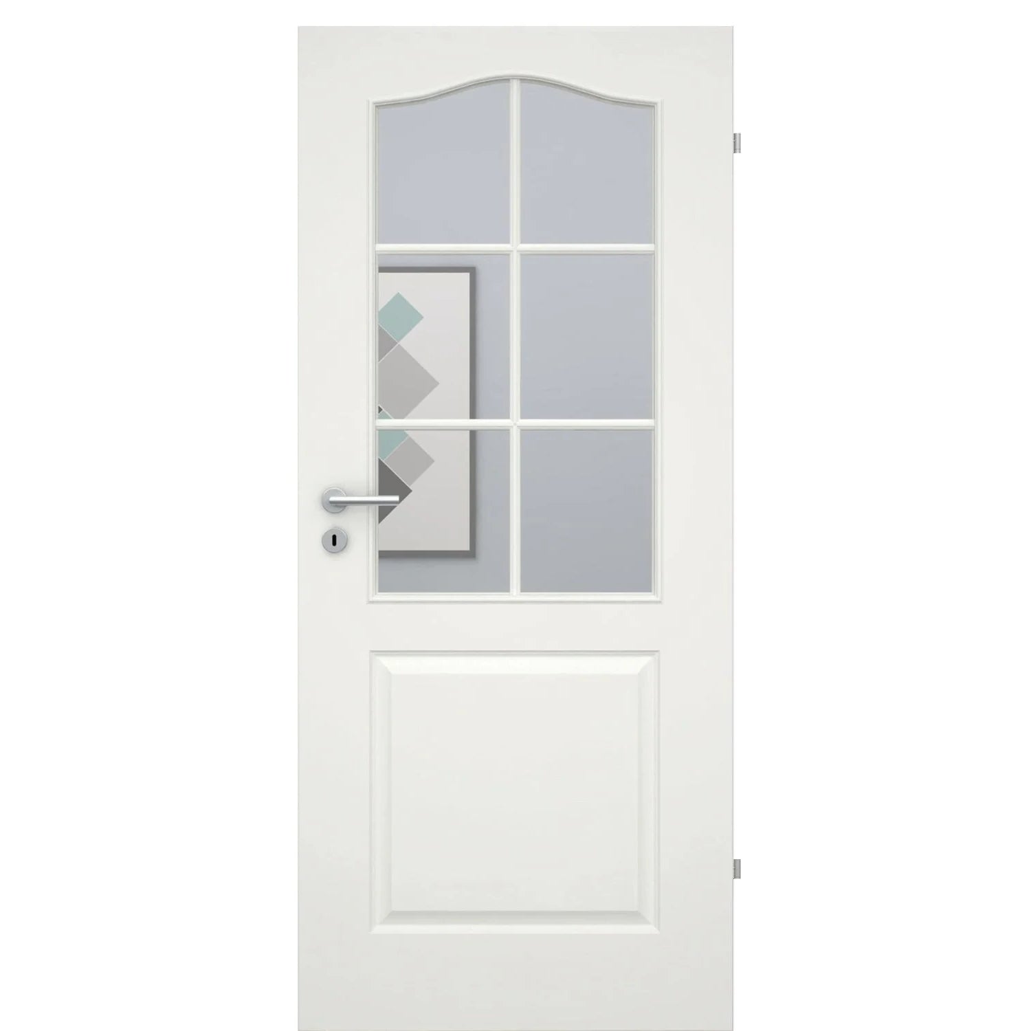 Zimmertür im Sondermaß mit Lichtausschnitt mit Sprossenrahmen standard soft-weiß 2 Kassetten Schweifbogen Eckkante - Modell Stiltür KS21LASPS