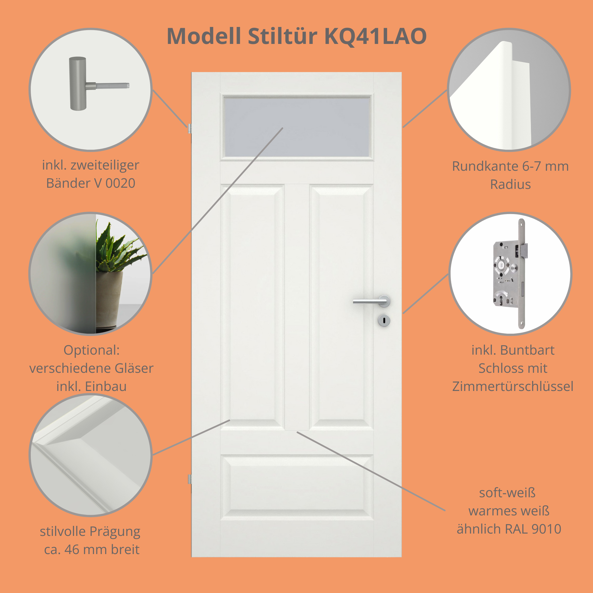 Zimmertür im Sondermaß mit Lichtausschnitt soft-weiß 4 Kassetten Quer Rundkante - Modell Stiltür KQ41LAO