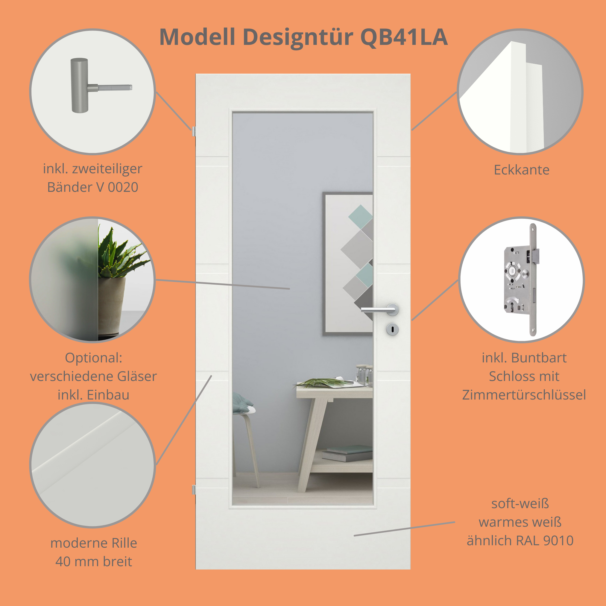 Zimmertür im Sondermaß mit Lichtausschnitt soft-weiß 4 breite Rillen Eckkante - Modell Designtür QB41LA