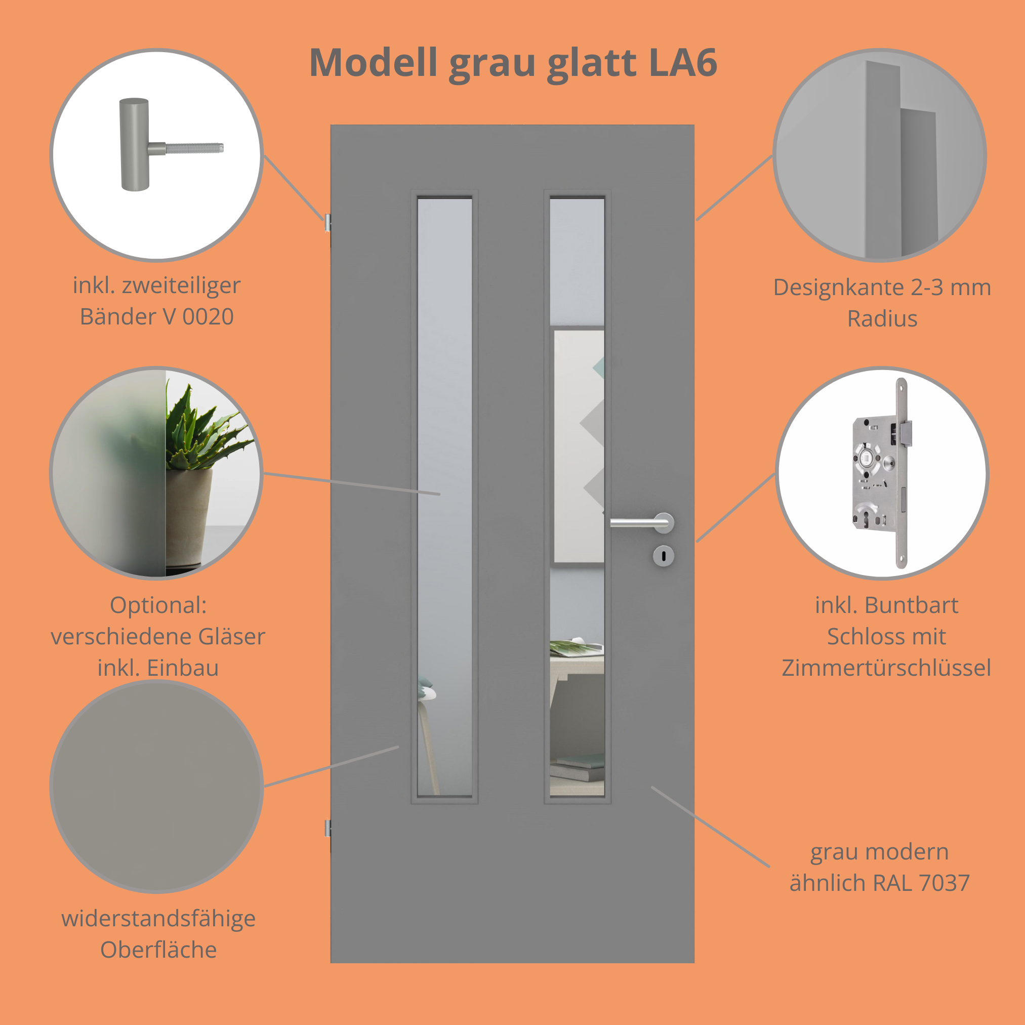 Zimmertür im Sondermaß mit Lichtausschnitt vertikal grau glatt Designkante LA6