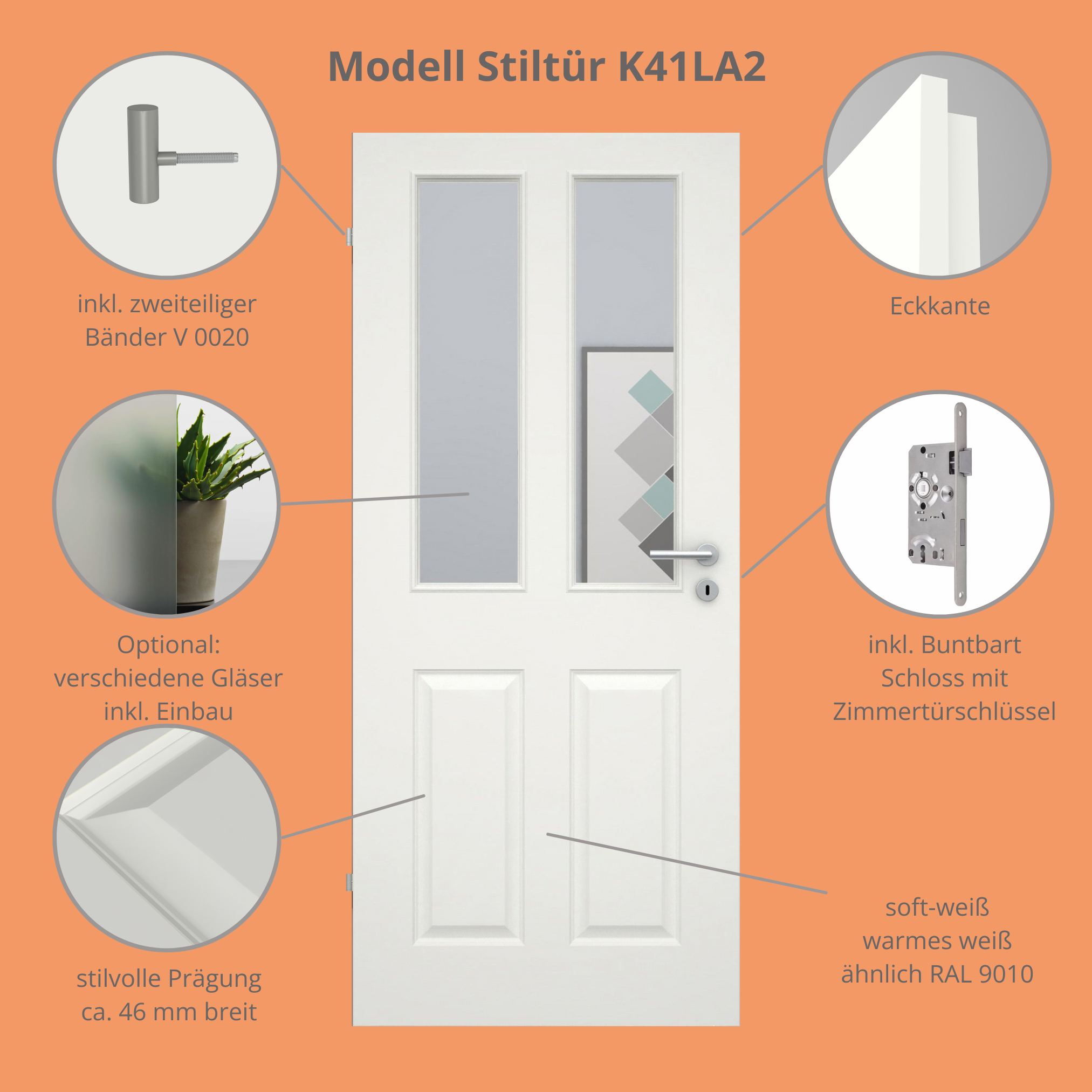 Zimmertür im Sondermaß soft-weiß Stiltür mit 4 Kassetten und Lichtausschnitt Eckkante - Modell Stiltür K41LA2