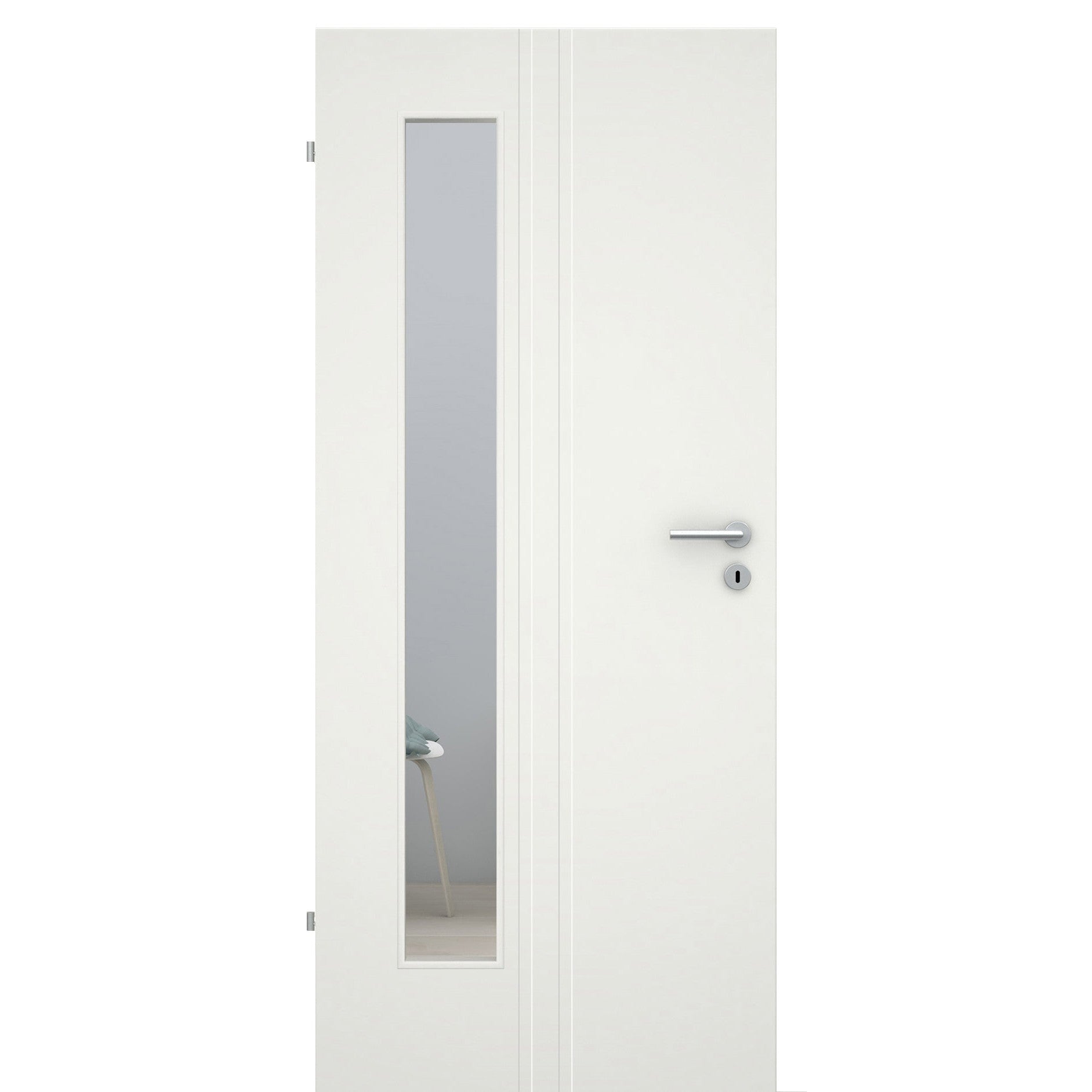 Zimmertür mit Lichtausschnitt 2 breite Rillen aufrecht soft-weiß Eckkante - Modell Designtür ZVM21LAB