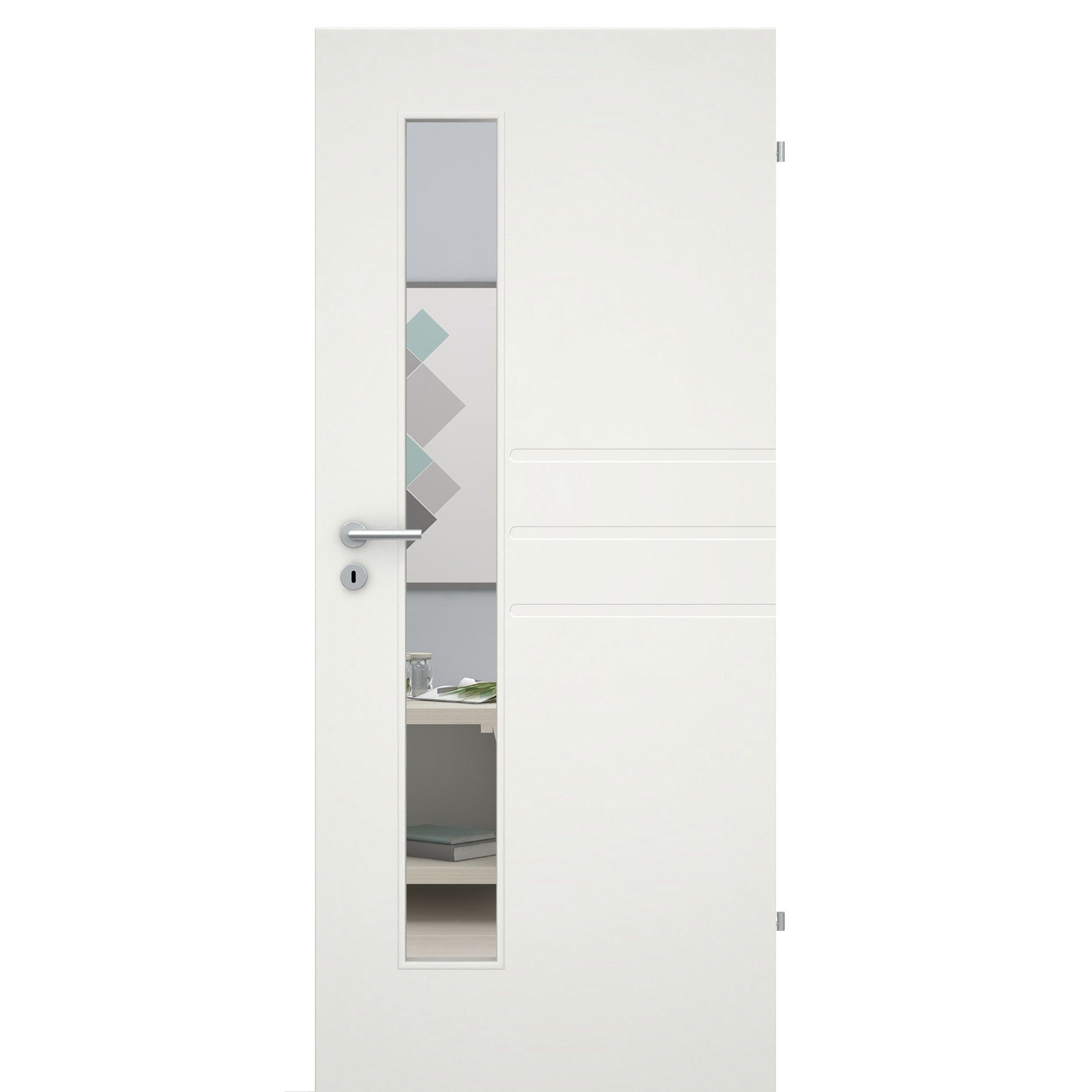 Zimmertür mit Lichtausschnitt 3 breite Rillen quer soft-weiß Eckkante - Modell Designtür ZQS31LAS