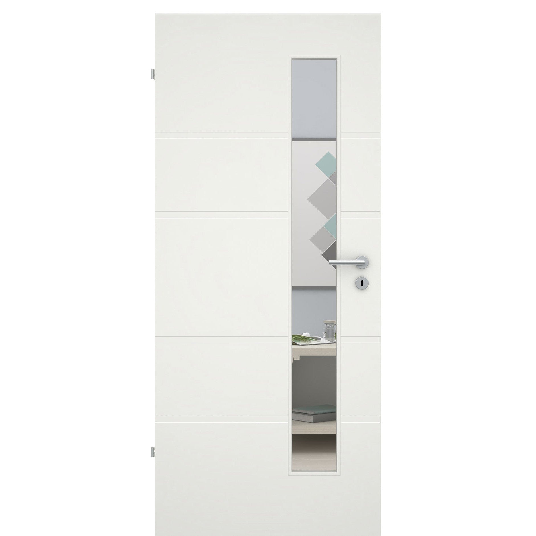 Zimmertür mit Lichtausschnitt 4 breite Rillen quer soft-weiß Eckkante - Modell Designtür ZQS41LAS