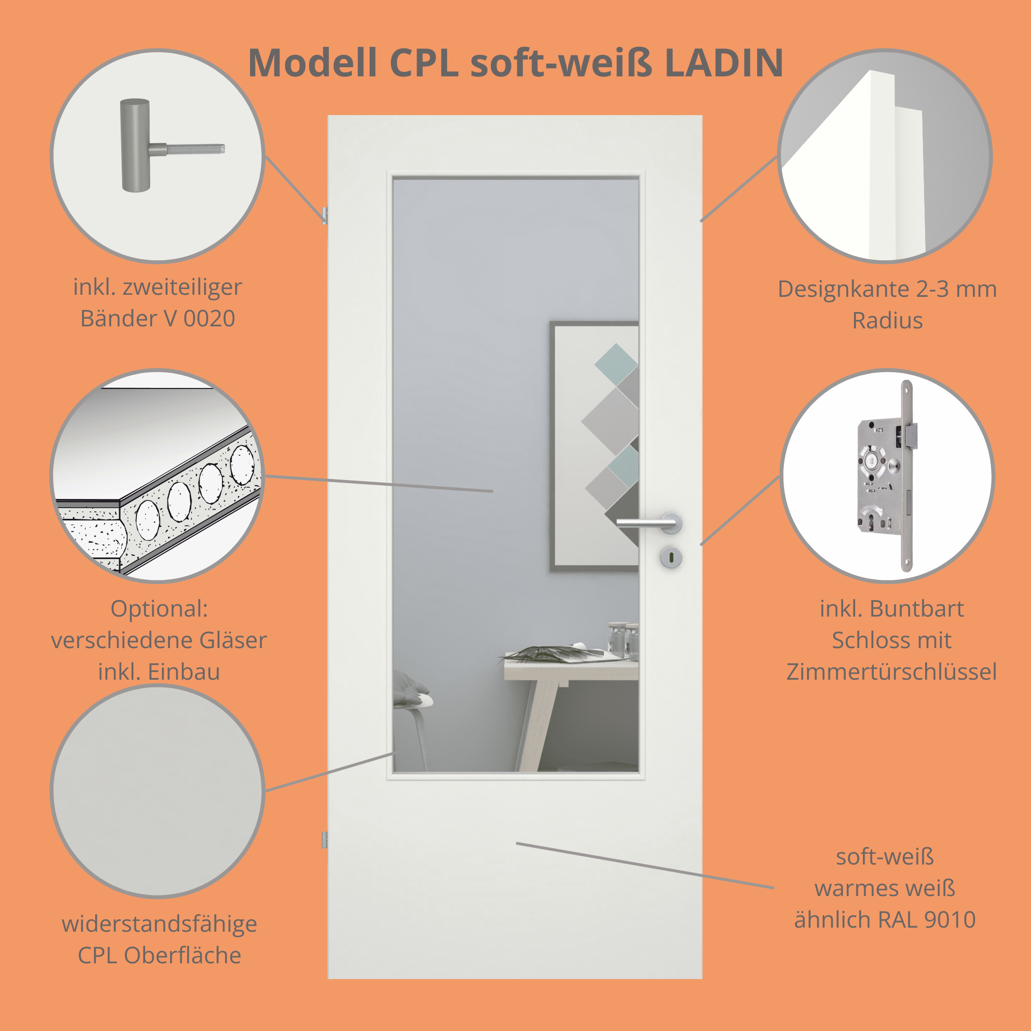 Zimmertür mit Lichtausschnitt CPL soft-weiß Designkante