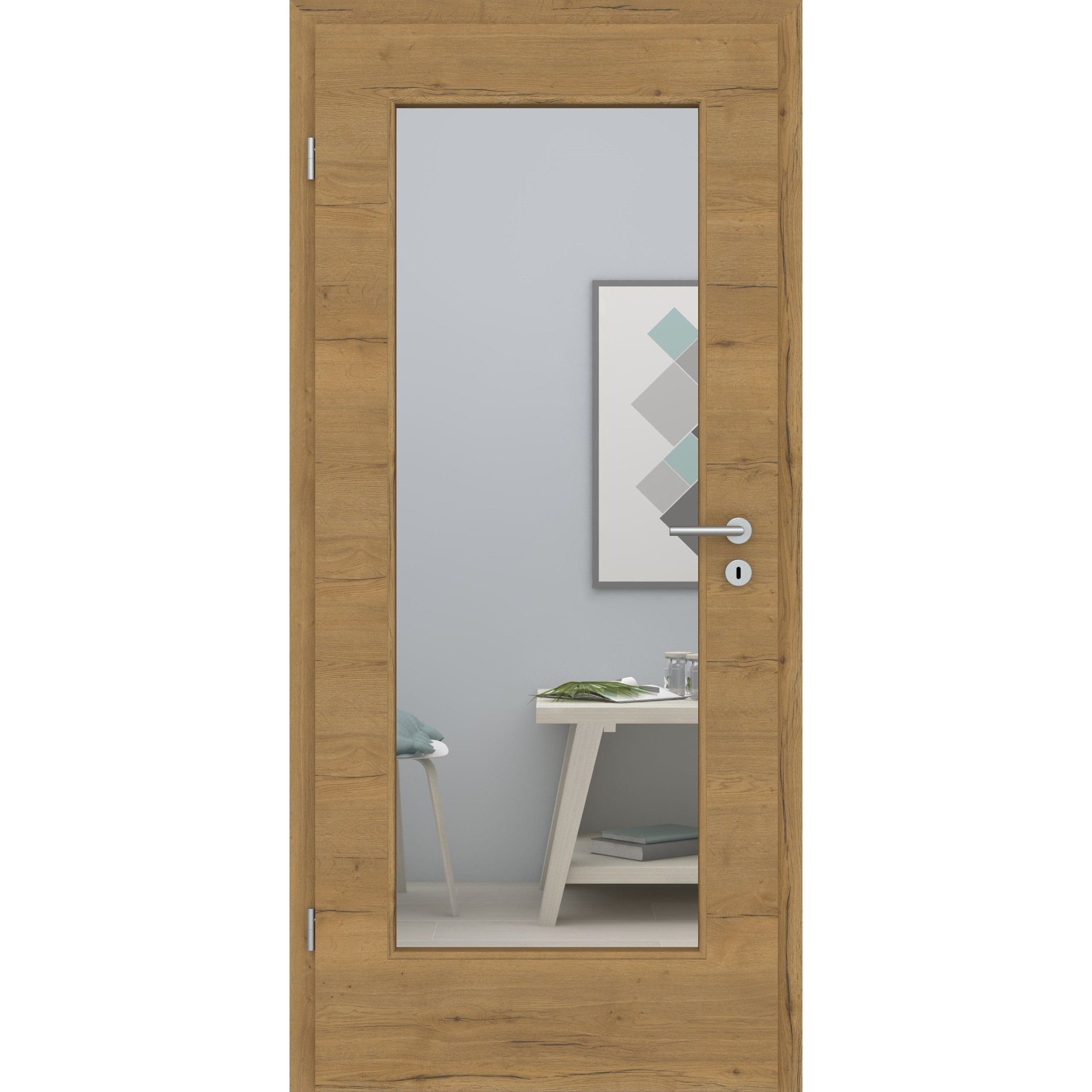 Zimmertür mit Lichtausschnitt LA1 CPL Struktur Fachwerk Honig-Eiche Quer Designkante