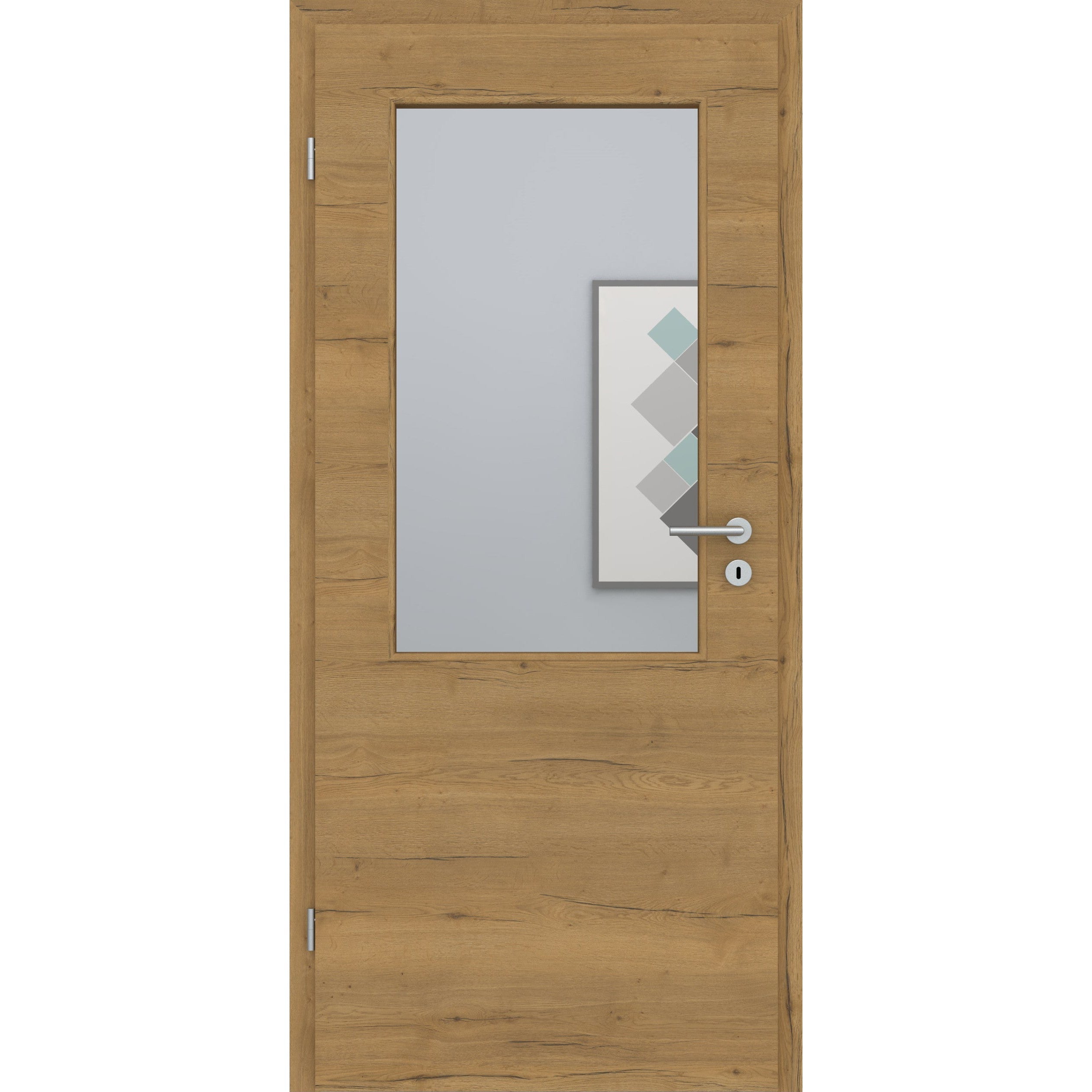 Zimmertür mit Lichtausschnitt LA2 CPL Struktur Fachwerk Honig-Eiche Quer Designkante